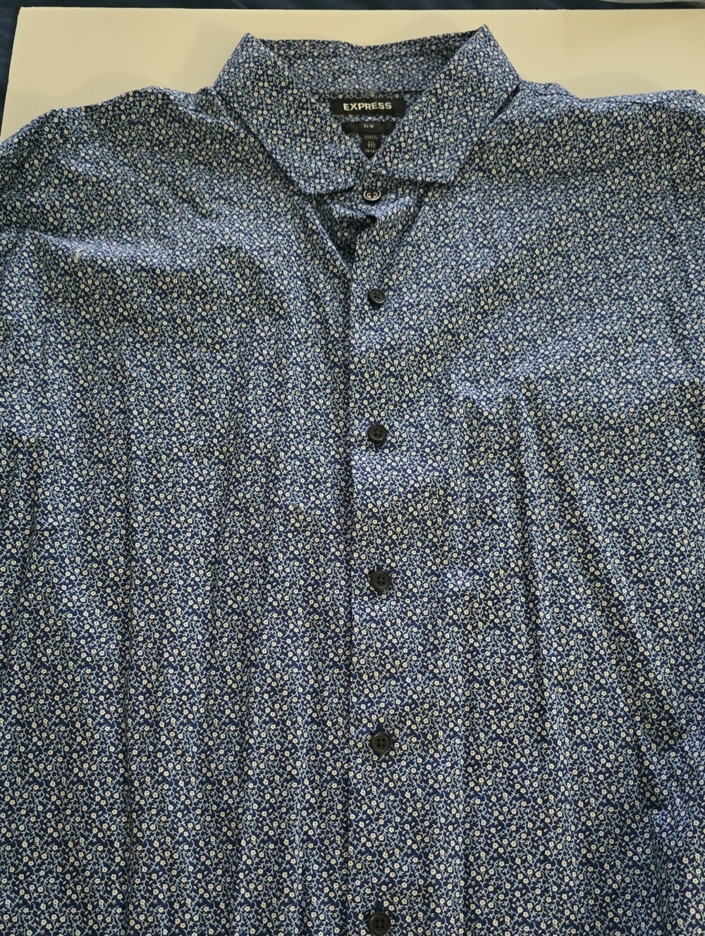Express Men's Navy Blue Small Floral Button-Down Long Sleeve Shirt